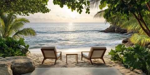 A serene beach scene with two lounge chairs facing the ocean. The soft waves and gentle breeze create a calming atmosphere. Perfect for relaxation and escape from daily life. AI