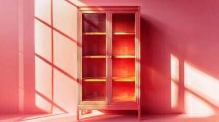 Red Glass Door Cabinet Against Pink Wall