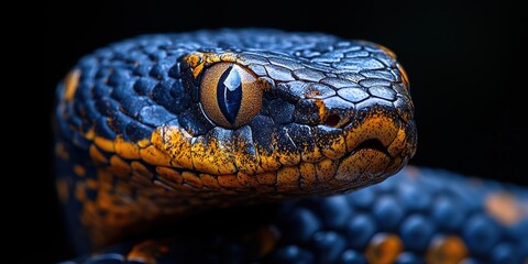 Fototapeta premium Close-Up Image of a Vibrantly Colored Black and Orange Snake Showcasing Intricate Scale Patterns and Unique Textures in a Natural Setting