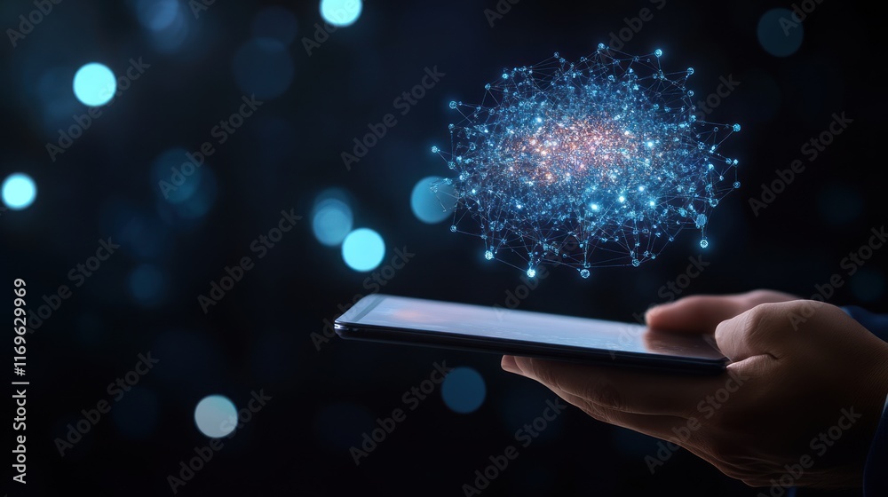 Poster digital network sphere above tablet device