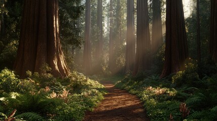Obraz premium Sunlit Path Through Ancient Redwood Forest