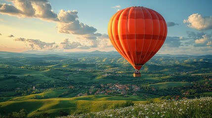 Fototapeta premium An orange hot air balloon soaring over a verdant valley beneath a cloudy blue sky, adorned with white blossoms in the foreground
