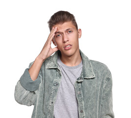 Tired student having stress before exam on white background