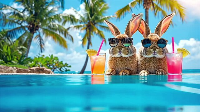 Easter bunnies by poolside, wearing sunglasses and enjoying drinks under palm trees. Easter video animation. Easter holidays, vacation getaway, tropical Easter, summer theme. 