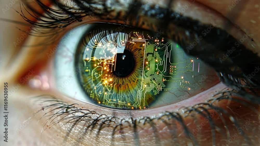 Fototapete A close-up view showcases an eye reflecting intricate circuit patterns and glowing lights, symbolizing the fusion of artificial intelligence and technology, capturing a moment of innovation.