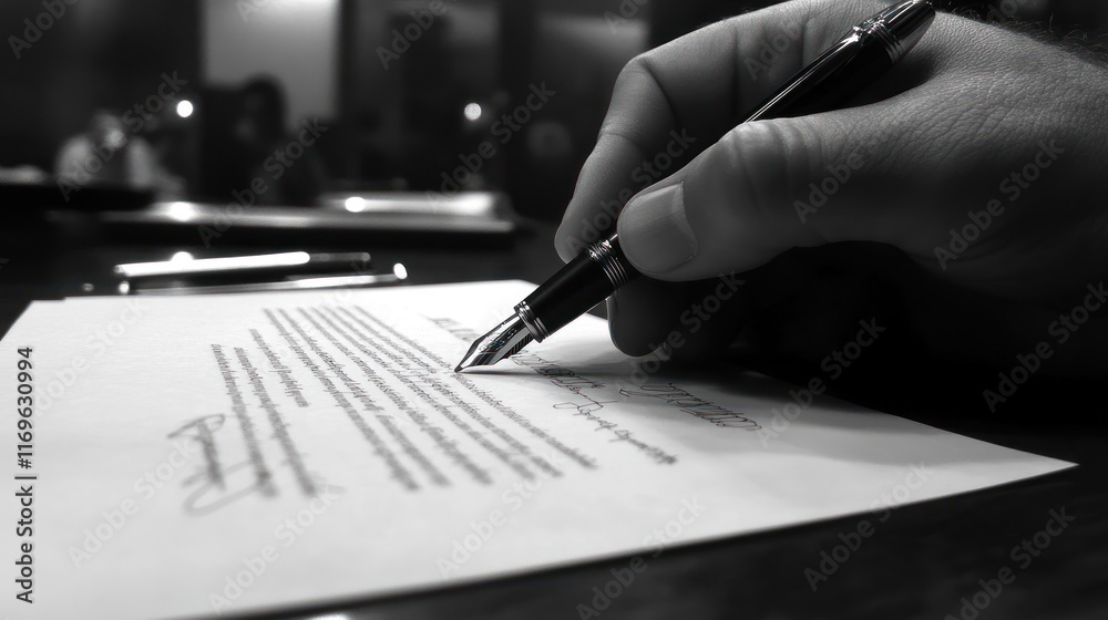 Poster hand signing important document with pen