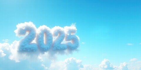 Fototapeta premium A whimsical representation of the year 2025 in fluffy clouds against a bright blue sky, perfect for concepts of future planning, optimism, and vision.