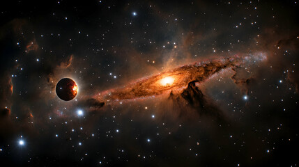 Fototapeta premium Planet and spiral galaxy in deep space.