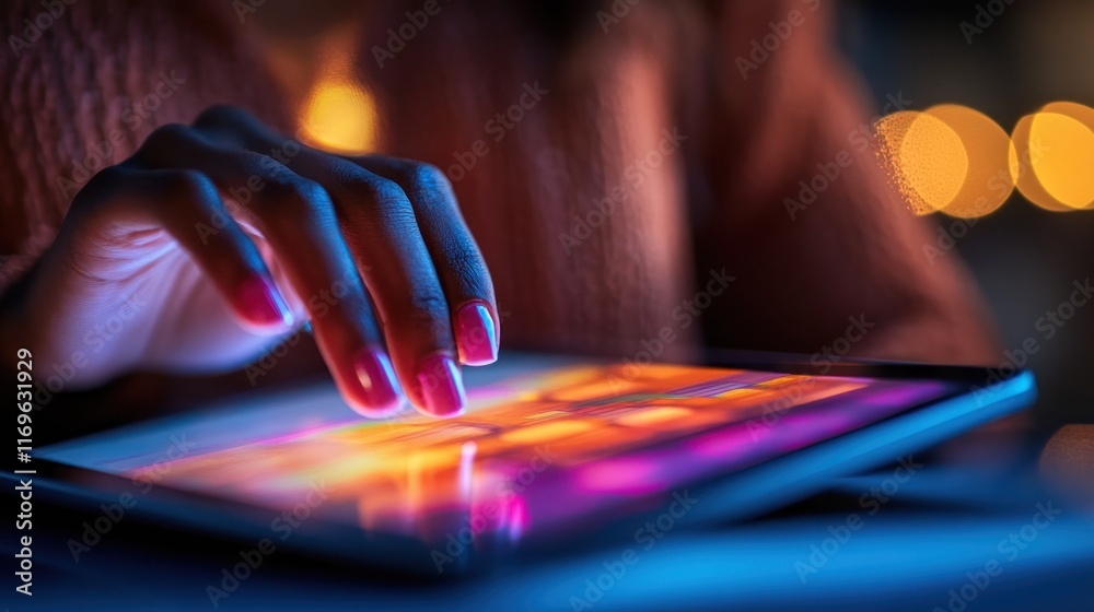 Poster Hand Using Tablet Screen In Low Light Setting