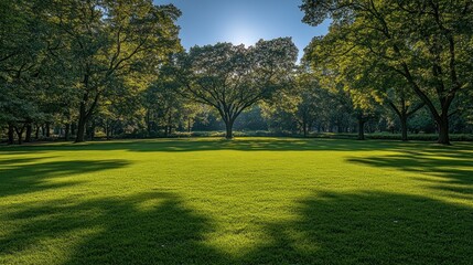 Sunny day in a lush green park with tall trees casting shadows on the grass.