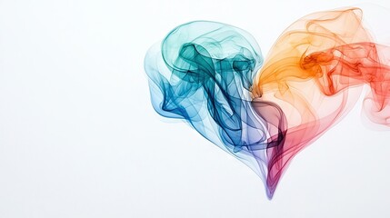 Obraz premium A multicolored smoke swirl forms the outline of a heart on a white background with a blue sky in the distance