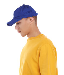 Man in stylish baseball cap on white background. Mockup for design