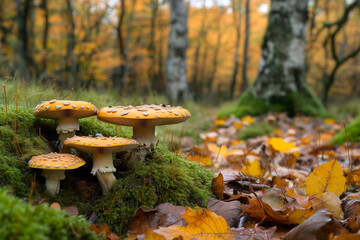 Fototapeta premium Vibrant mushrooms grow in a forest with autumn leaves in the background