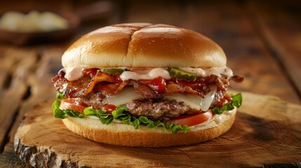 Delicious close up of a fresh hamburger with juicy beef, melted cheese, and fresh vegetables on wood