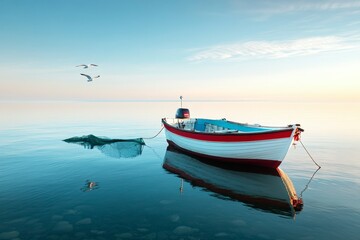 Fototapeta premium Tranquil fishing boat at dawn with calm waters and seagulls soaring above. Generative AI