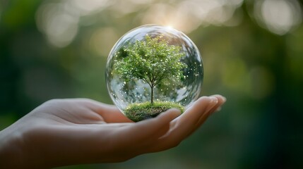 Hand holds sphere; sapling inside, nature's fragility.