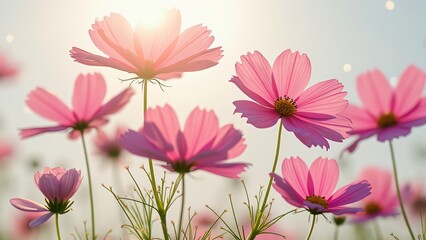 Pink Cosmos Flowers in Sunlight Blooming Meadow