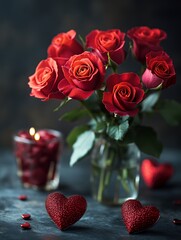 Beautiful Bouquet of Red Roses in a Glass Vase With Candlelight and Heart Decorations for a Romantic Atmosphere