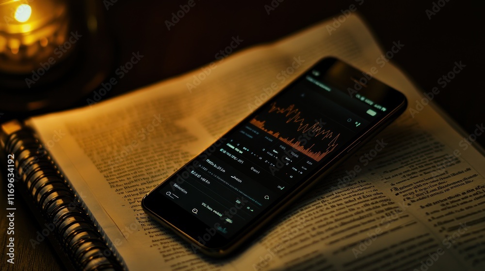 Poster Smartphone displaying stock market data rests on an open book