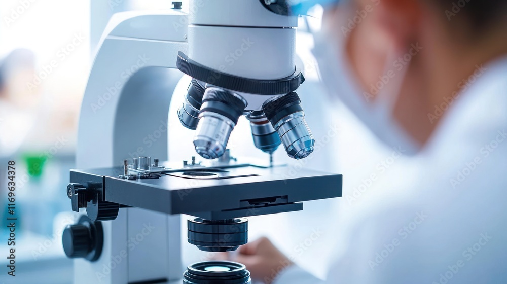 Poster Scientist using a modern laboratory microscope for research