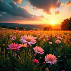 Fototapeta premium Golden hour moonrise paints wildflowers in a rustic field with ethereal light , sky, serene, night