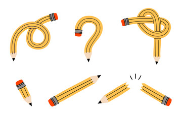 A set of cute bent yellow pencils. Twisted, knotted, broken crayons. Back to school element.