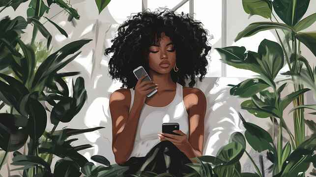 Joven mujer afroamericana con pelo rizado de frente a la camara con un telefono movil en sus manos, con fondo desenfocado de oficina blanca con plantas. Moonveil. Illustration