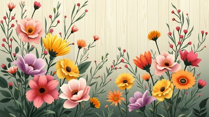 Vibrant Colorful Flower Bouquet Wooden Background