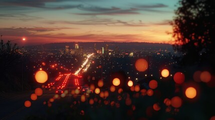 Lofi cityscape at night with vintage streetlights and glowing taillights in a dreamy bokeh effect