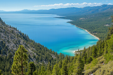 Scenic view of Lake Tahoe surrounded by mountains and pine trees on a clear day
