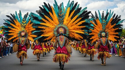 Colorful dancers in elaborate feathered costumes showcase traditional culture during a vibrant...