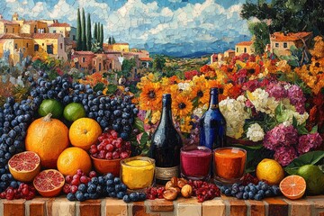 A vibrant impressionistic painting showcases a bountiful Mediterranean harvest of fresh fruits, juices, and wine, set against a charming Italian village backdrop.