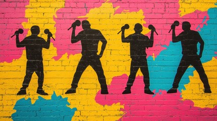 Obraz premium A vibrant urban mural featuring silhouetted figures holding microphones against a colorful, abstract background of pink, yellow, and blue.