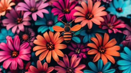 Fototapeta premium A close-up of a group of flowers, with a bee flying in the center of the petals