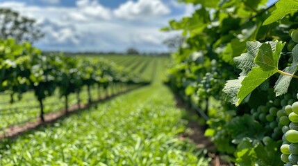   Grapes hang from a vine in a vineyard beneath a blue sky and white clouds
