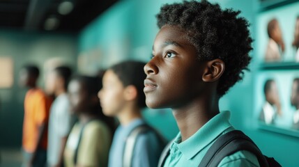 Fototapeta premium A thoughtful child stands among peers, gazing at a display, highlighting curiosity and engagement in a learning environment.
