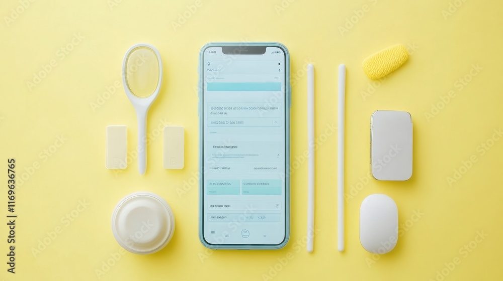 Aufkleber flatlay smartphone displaying registration form with accessories
