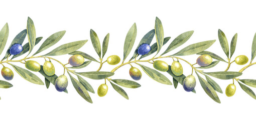 Watercolor green purple olives branch border. Hand painted floral illustration olive fruit, tree branches, leaves isolated background. Drawings food. Edible foliage. For menu, wrapping card gift © Nataliia