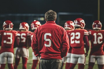 Fototapeta premium Coach observes football team; red uniforms, nighttime game.