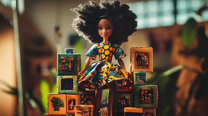 Afro doll in dress atop colorful blocks.
