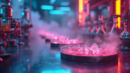 Cryogenic Lab Research- Pink Crystals in Petri Dishes