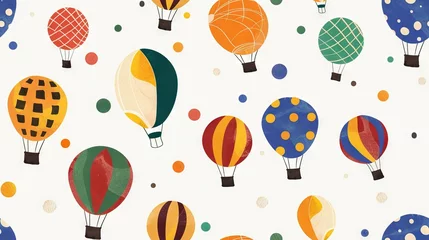 Hot air balloons dance in the sky against a white background dotted like polka dots