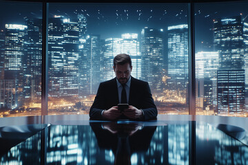 Fototapeta premium Businessman using smartphone in modern office with city skyline at night