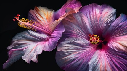   Two purple flowers with yellow stamens on a black background and a single yellow stamen in the center of one of the flowers