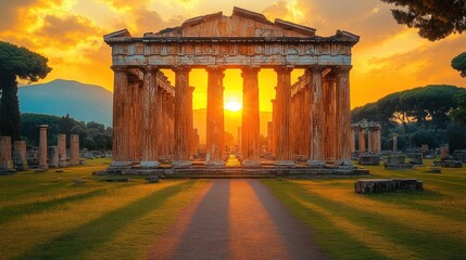 Obraz premium Sunset illuminating ancient Greek temple ruins.