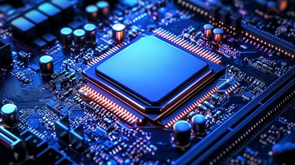 Obraz premium Computer CPU Or Central Processing Unit Installed On A Motherboard With Glowing RGB Lighting