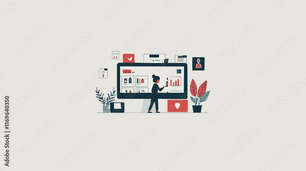 Poster woman analyzing business data on a large computer screen