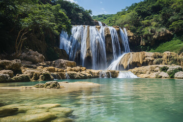 Obraz premium Majestic waterfall cascades into turquoise pool surrounded by lush greenery