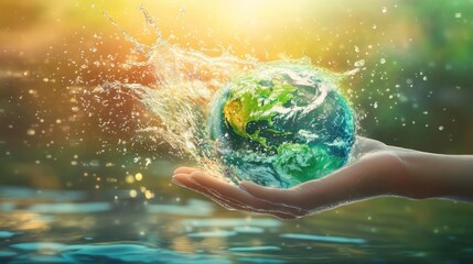 Protecting Our Planet: A Hand Holding the Earth Surrounded by Water
