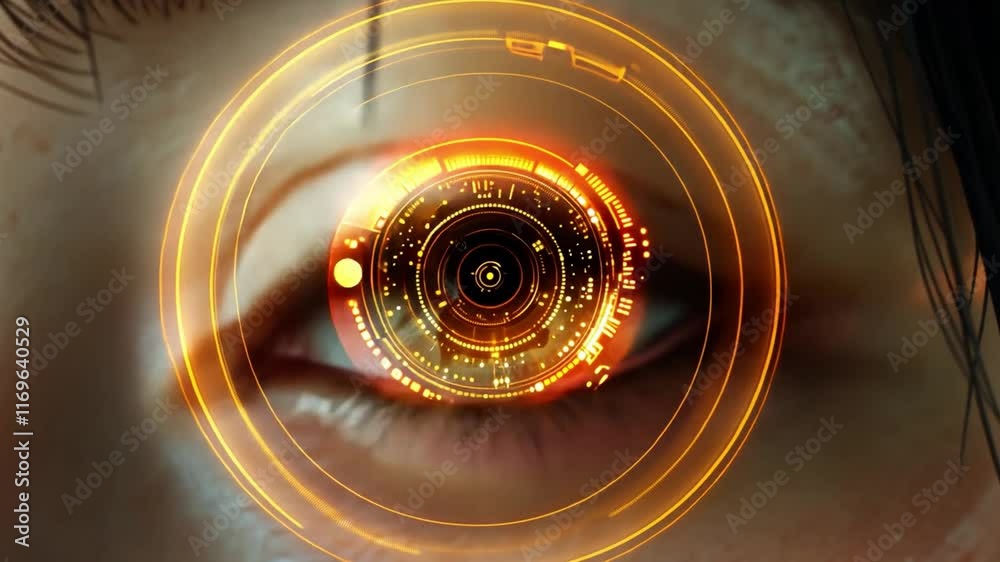 Poster An artificial eye displays intricate circuit patterns and glowing symbols, emphasizing the fusion of human vision and advanced technology. The vivid colors highlight innovation and AI.